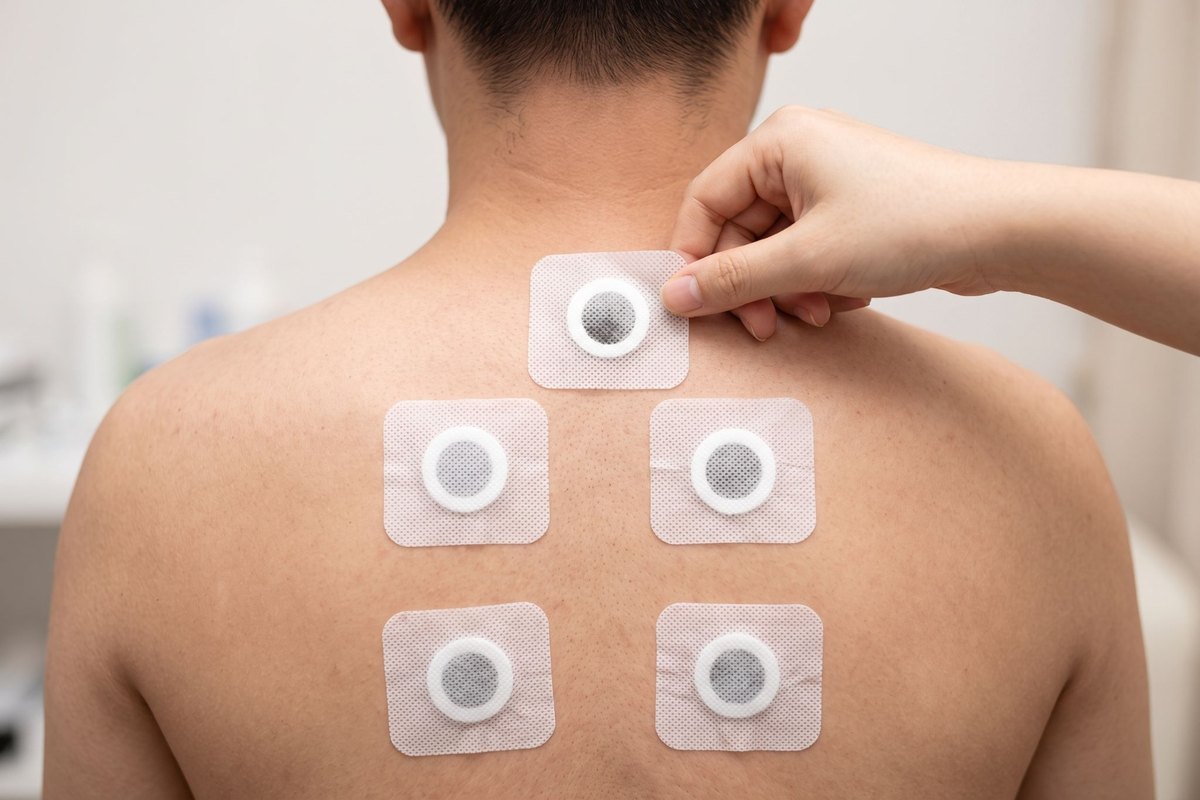 Fünf Kräuterpflaster auf Akupunkturpunkten am oberen Rücken; ein weiteres wird gerade aufgeklebt